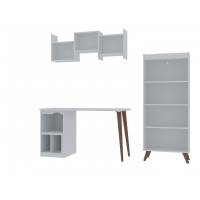 Manhattan Comfort 22PMC1 Hampton 3- Piece Extra Storage Home Furniture Office Set with Storage Writing Desk, Bookcase, and Floating Wall Decor Shelves in White